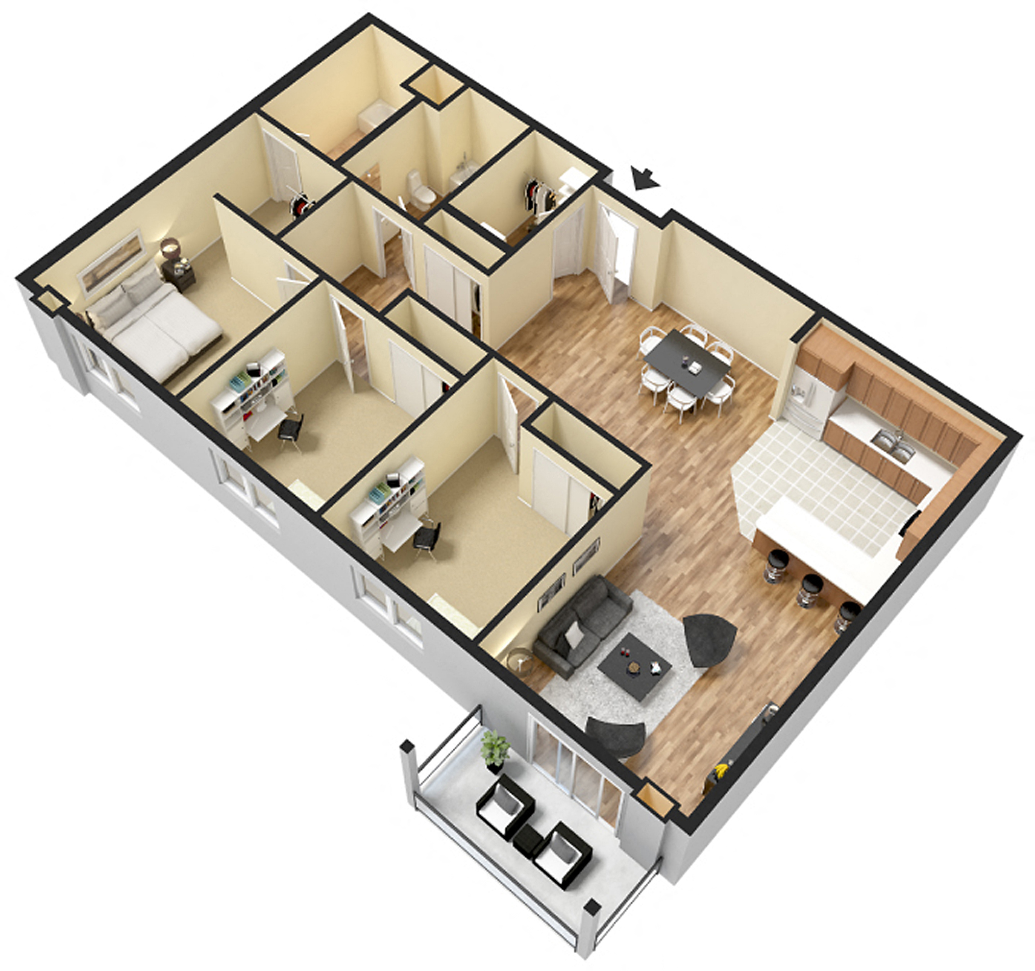 Floor plan for 3 beds, 2 baths, 1379 sqft